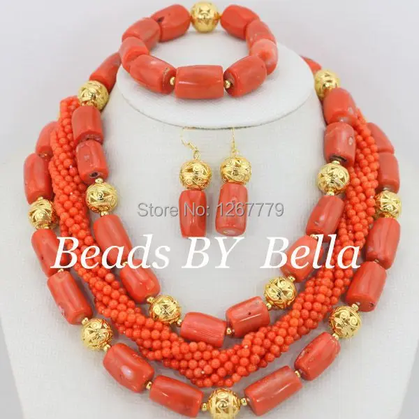 

Fashion Costume Nigerian African Wedding Jewelry Sets Orange Coral Beads Luxury Bridal Jewelry Sets Free Shipping ABS078