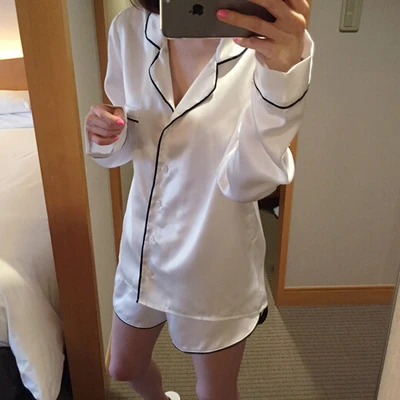 Женские шелковые пижамы комплект из двух предметов белая рубашка с отложным