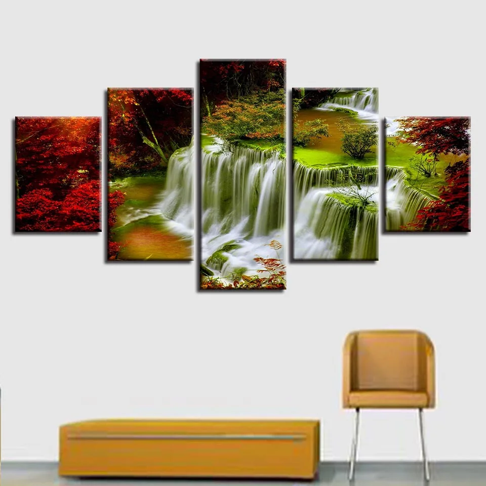 Настенные художественные постеры с печатью 5 шт. красное дерево водопад