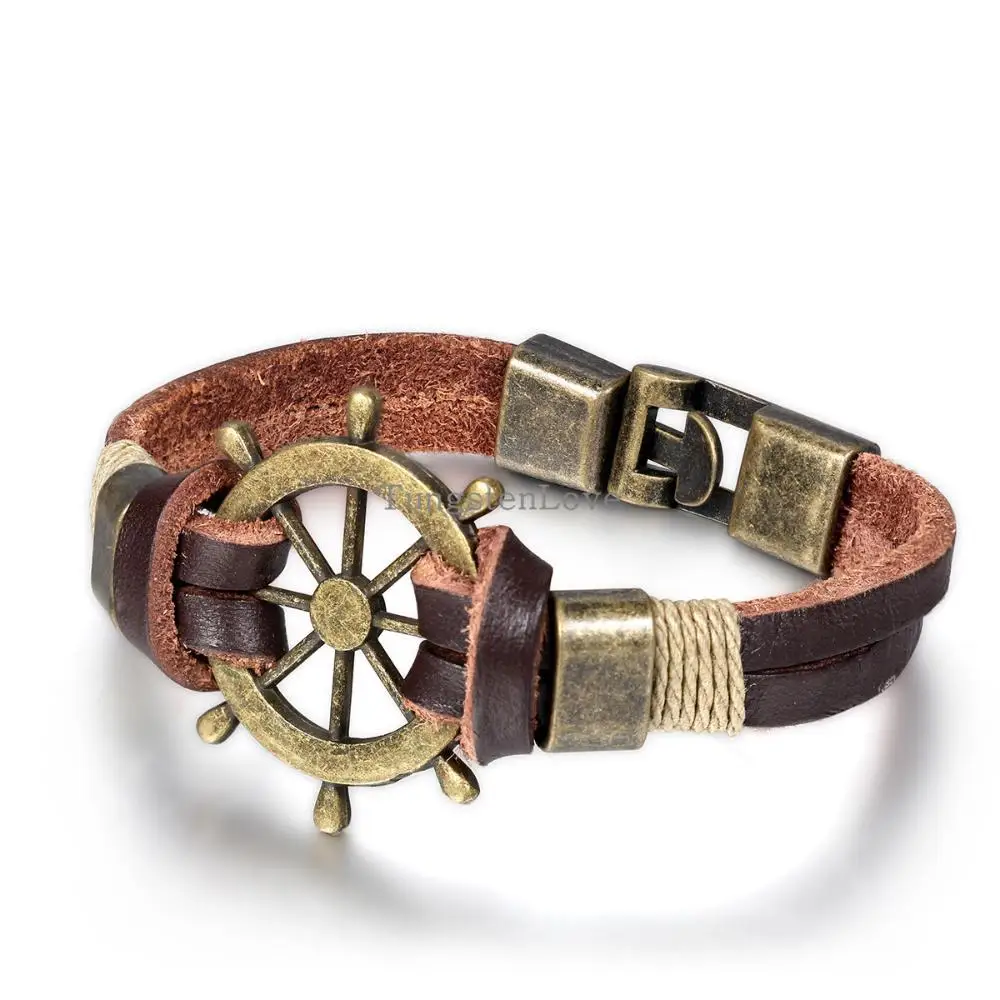 

21.5cm Men Jewelry Pirate Style Bronze Genuine Leather Rudder Bracelets Wholesale Cuff braided Bracelet & Bangles Gifts