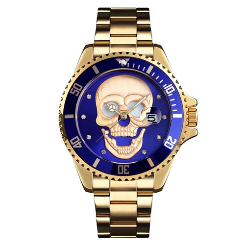 Gold blue Креативные мужские кварцевые часы с рисунком черепа, водонепроницаемые мужские наручные часы из нержавеющей стали, мужские часы Relogio Masculino 9195 - Цвет: Gold blue