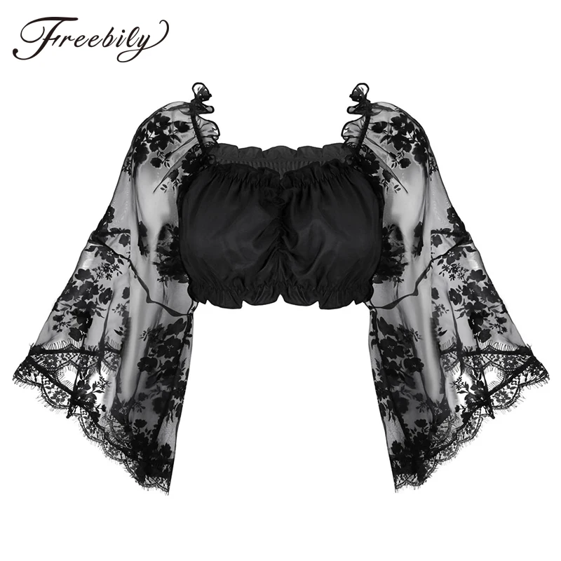 Женский короткий топ черный с длинным рукавом | Женская одежда