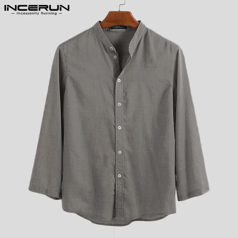INCERUN Новая мужская рубашка воротник-стойка с длинным рукавом простая Camisa Masculina Уличная Повседневная шикарная Свободная рубашка мужская плюс размер