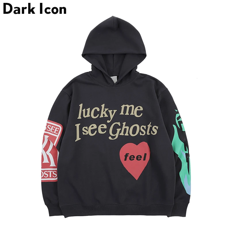 Флисовая мужская толстовка с капюшоном Dark Icon Lucky Me I see Ghosts, весна, толстовки в стиле хип-хоп с надписью и принтом пламени, мужские толстовки и толстовки