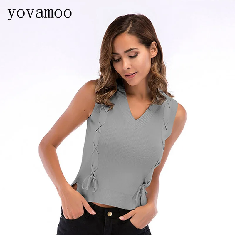 

Yovamoo 2018 Knitted Vest Women's Summer Bandage Cross V-neck Sleeveless Basic Tank Top Solid Color White Gray Black Apricot