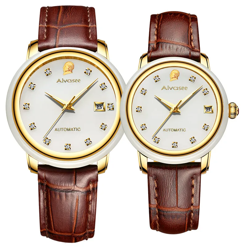 Couple watch Топ бренд изумрудные полые автоматические водонепроницаемые мужские каменные механические часы Пара часы Женские нефритовые часы Relogio Masculino - Цвет: Couple watch