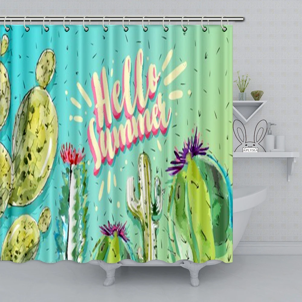 

Aplysia Watercolor Cactus Illustrations Blue Neon Cactus Summer Shower Curtain Plant Waterproof Polyester Bathroom Curtain Sets