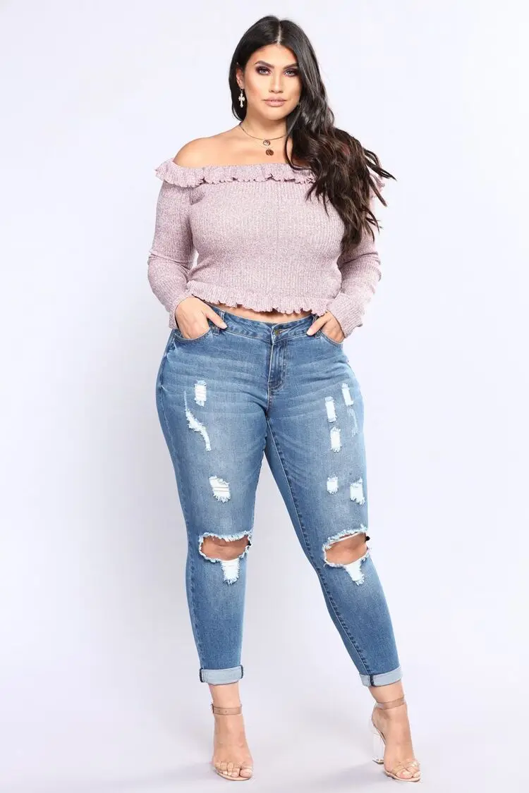 Для женщин размера плюс девушка свободный выдалбливают Рваные Джинсы Брюки