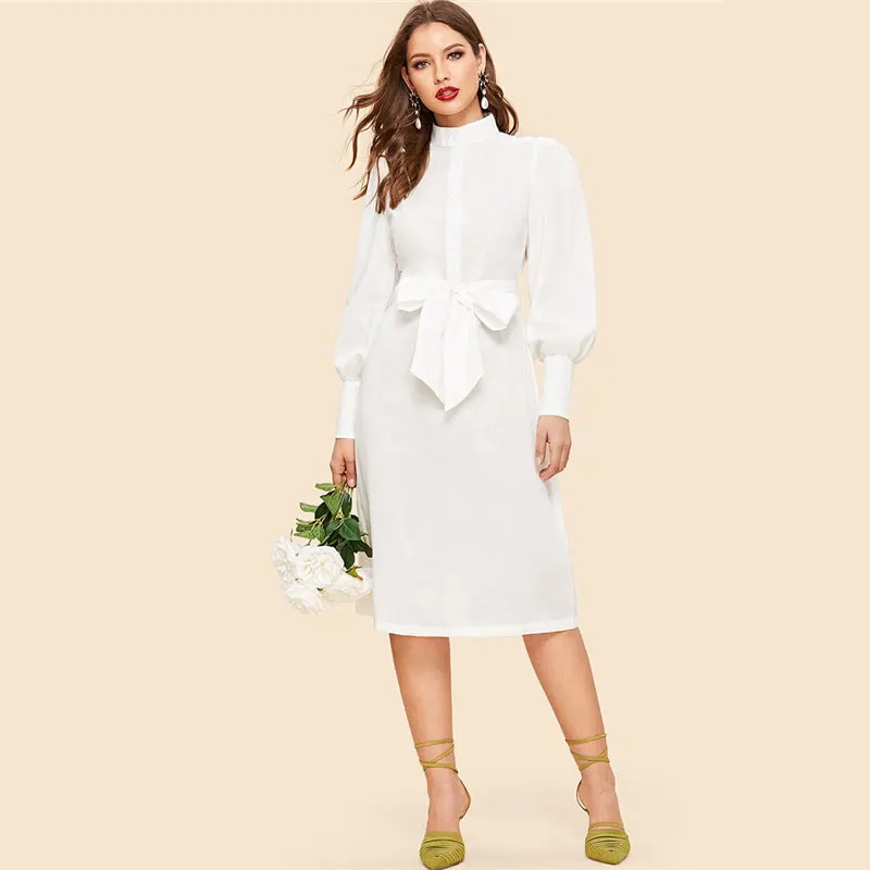 SHEIN Платье С Поясом И Оригинальным Рукавом Женское Весеннее Белое Классическое Платье С Длинными Рукавами И Стоячим Воротником