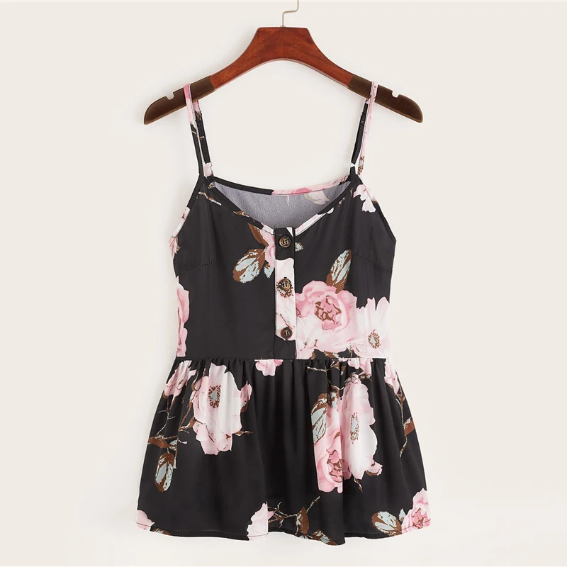 SHEIN многоцветный большой цветочный гофрированный подол Cami Top для женщин Лето кнопка спереди Регулируемый Спагетти ремень без рукавов Boho милые топы