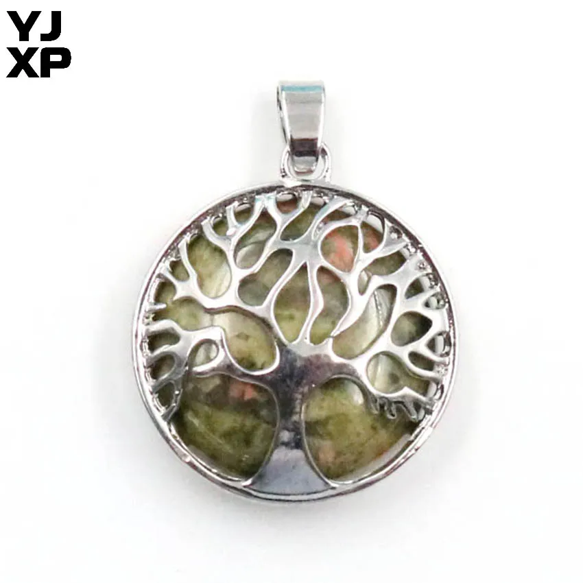 

YJXP Classic Tree of Life Natural Unakite Stone Round Shaped Reiki Plant Amulet Pendant for Necklace Luck Charm Jewelry 1 Pcs