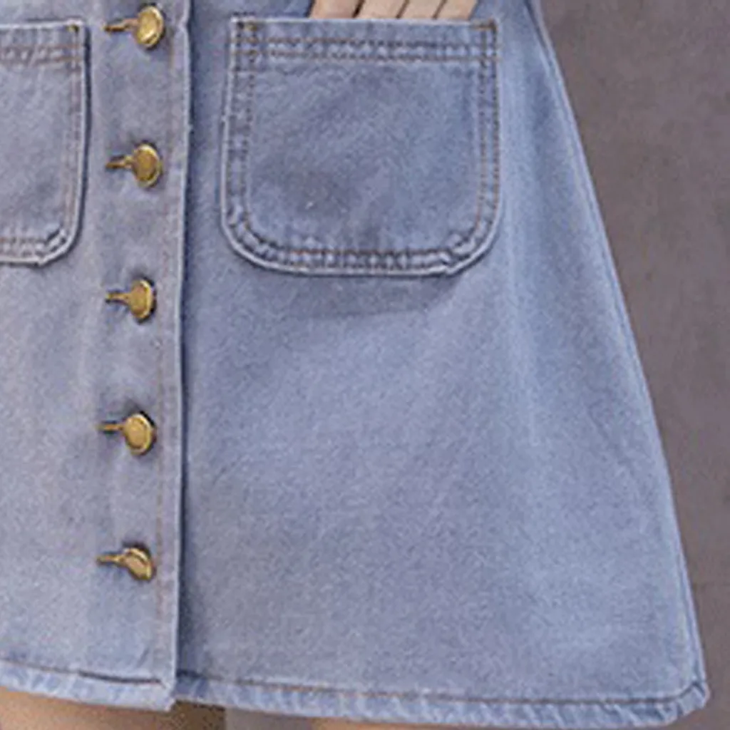 Fashion Women Leisure Denim A-Shaped Skirt Loose Button Pocket Short Skirt