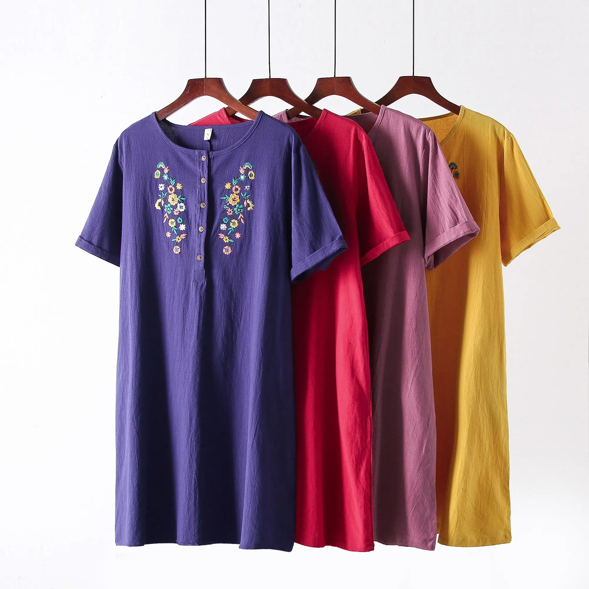 

2020 Spring Summer Women Folk Flowers Embroidered Dress O Neck Short Sleeve Loose Long Style Vintage Dress Vestidos