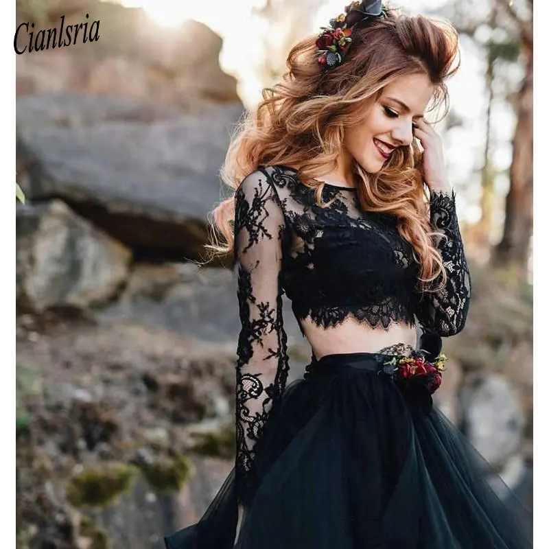 Two Pieces Black Wedding Dresses 2020 Long Sleeve Tiered Organza Sweep Train Vintage Bridal Gowns Vestido De Novia | Свадьбы и