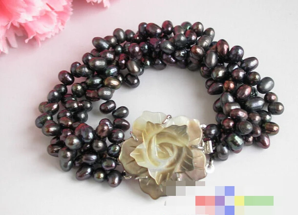 Лидер продаж-@ 012658 4 нити барокко черный рис пресноводный жемчуг браслет