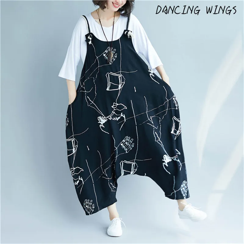 

Literary printing Bib pants casual jumpsuits for women loose large size Hanging crotch harem pants