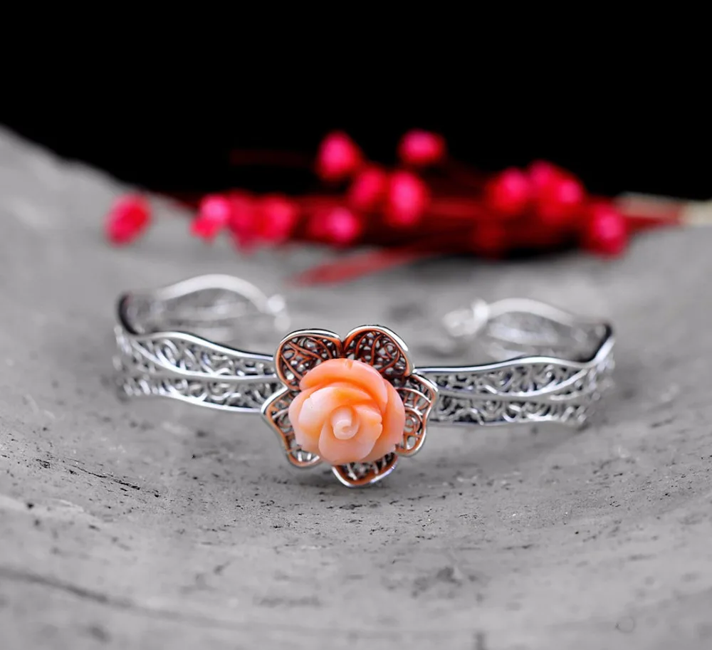 

New Fashion Hollow carved coral roses Bracelet Bangle For Lady,Pure Handmade Fine Silver Jewelry Wholesale Free shipping