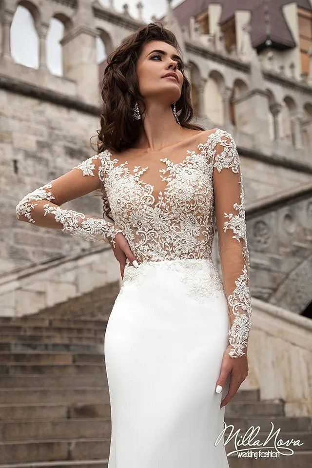 Новое Прибытие Русалка Свадебные Платья 2017 Иллюзия Шеи Длинные Рукава Суд Поезд