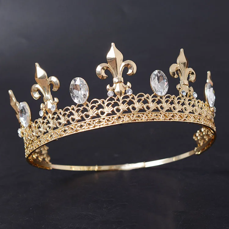 Gold White Crown 4 Регулируемый Круглый Золотой/Серебряный Свадебный король тиара Корона головной убор для мужчин вечерние украшения для волос со стразами голова ювелирные изделия аксессуары - Окраска металла: Gold White Crown 4