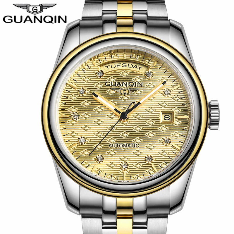 

NEW GUANQIN Mens Watches Top Brand Luxury Automatic Date Week Mechanical Watches Gold Stainless Steel Wristwatch reloj hombre