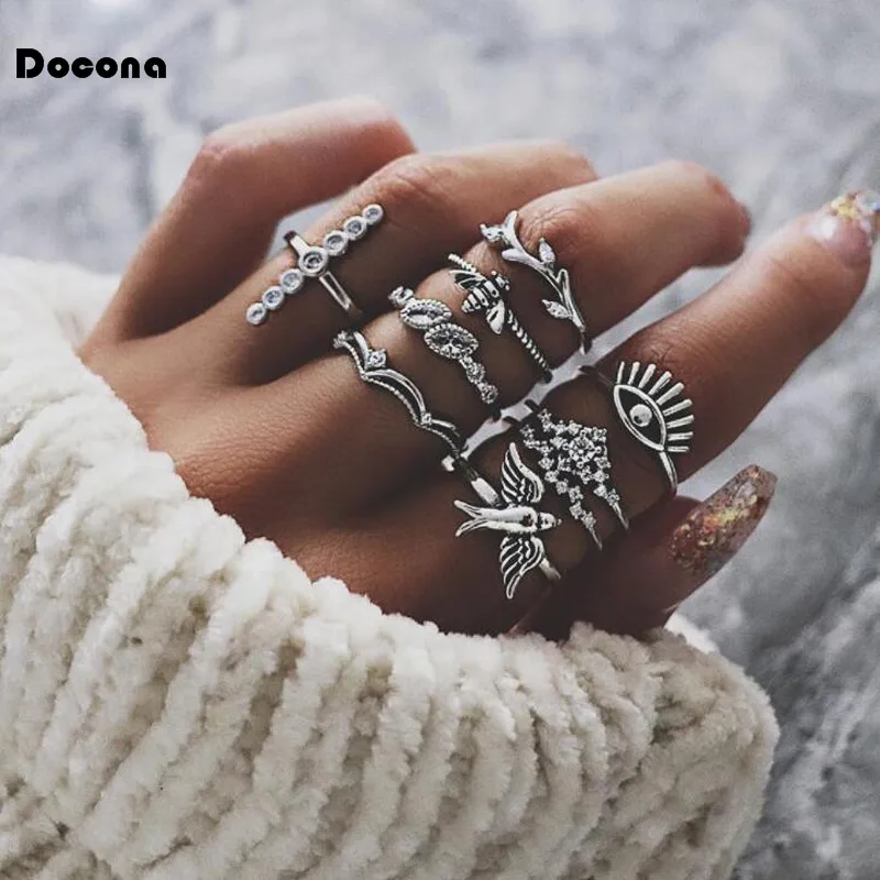 

Docona 9pcs/sets Vintage Bohemia Silver Color Finger Rings Bird Eyes Bee Geometric Hard Crystal Jewelry For Women Men Party 5344