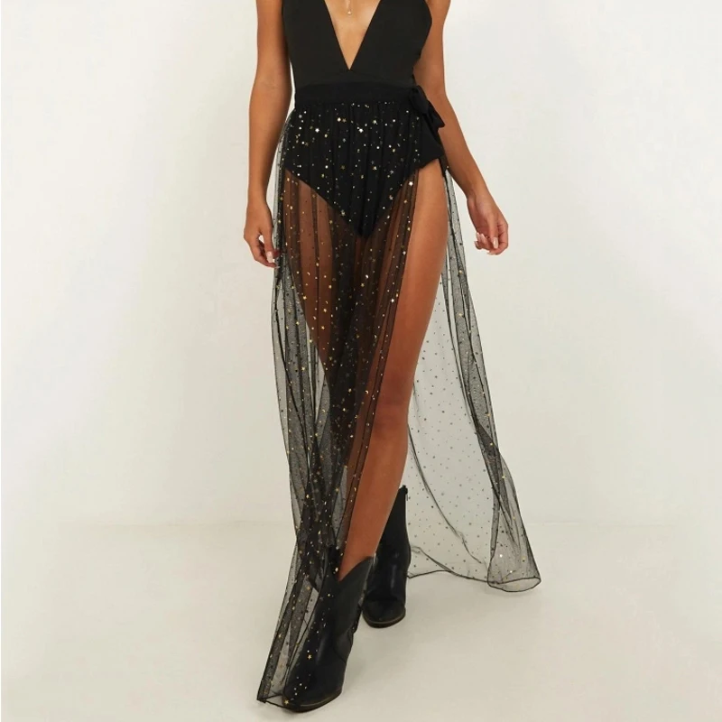 

Женская пляжная юбка, черная блестящая накидка на бикини с блестками, накидка на купальник, Пляжная длинная Макси-юбка с запахом и разрезом