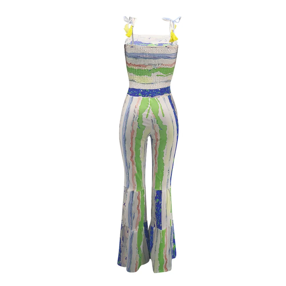 

Colorful Striped Sexy Beach Jumpsuits Women Spaghetti Strap Sleeveless Bandage Romper Summer Strapless Open Back Flare Bodysuit