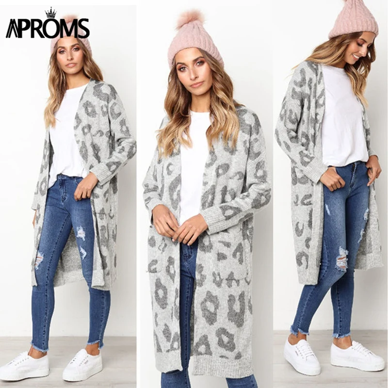 Aproms, Леопардовый принт, вязаный длинный кардиган, женское Свободное пальто, открытый стежок, джемпер,, Осень-зима, свитер, Женское пальто