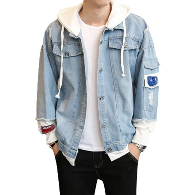 Fashion men hole denim jacket Spring autumn thin hooded Casual coat mens Single-breasted cowboy Cardigan Male jeans outerwear