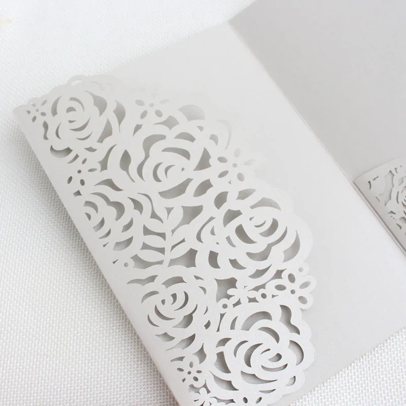 Серебряные конверты для приглашений роза лазерная резка тройной карман сельская