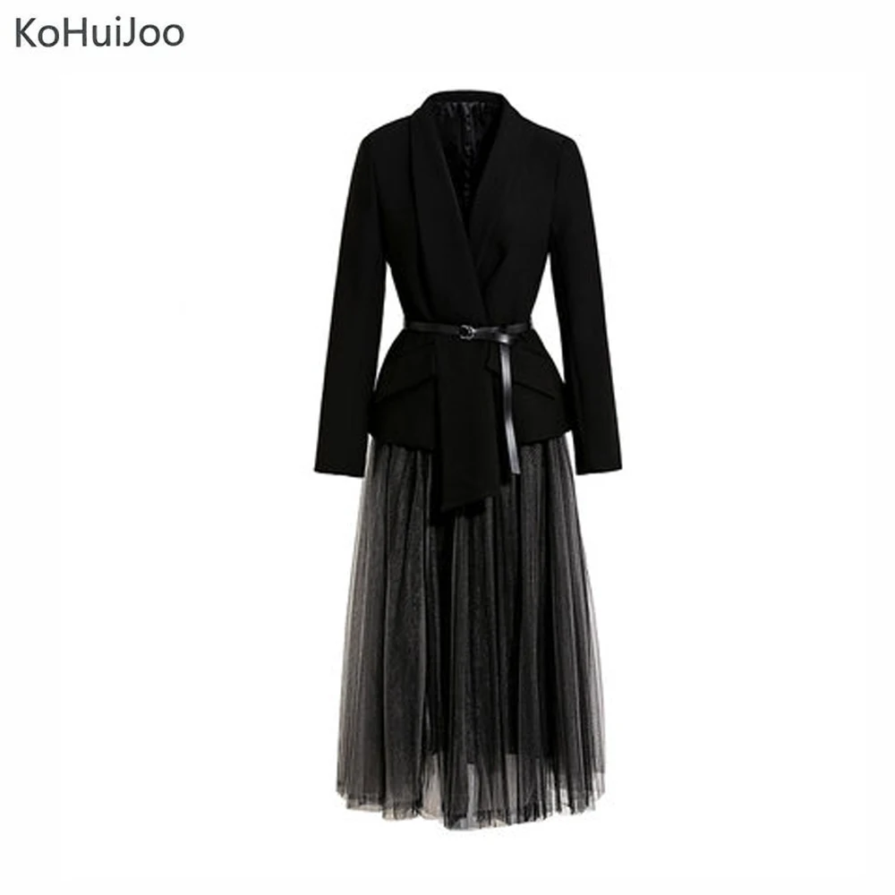 KoHuiJoo, Осенний Женский блейзер, юбка, костюм, женский, элегантный, модный, с поясом, черный блейзер с сеткой, юбка, наборы, 2 предмета, черный