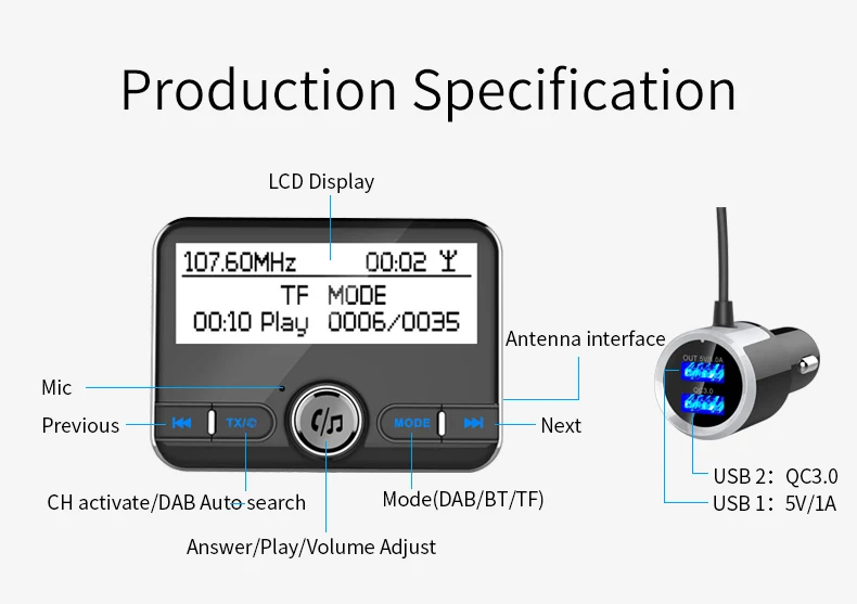 CDEN 2,4 дюймов экран цифровое радио DAB автомобильный адаптер mp3 плеер Bluetooth ресивер плеер fm-передатчик QC3.0 Быстрая зарядка