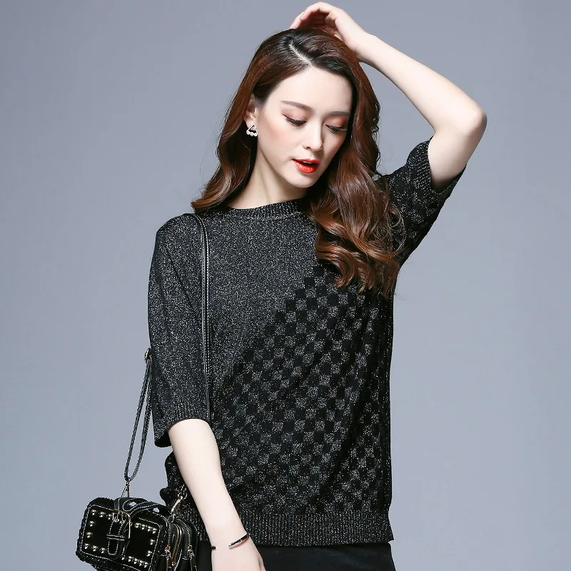 2018 Korean Style Loose Short Sleeve Bright Thin Flash Sweater Shirt Women Sweaters And Pullovers Tops Streetwear Woman Clothes |