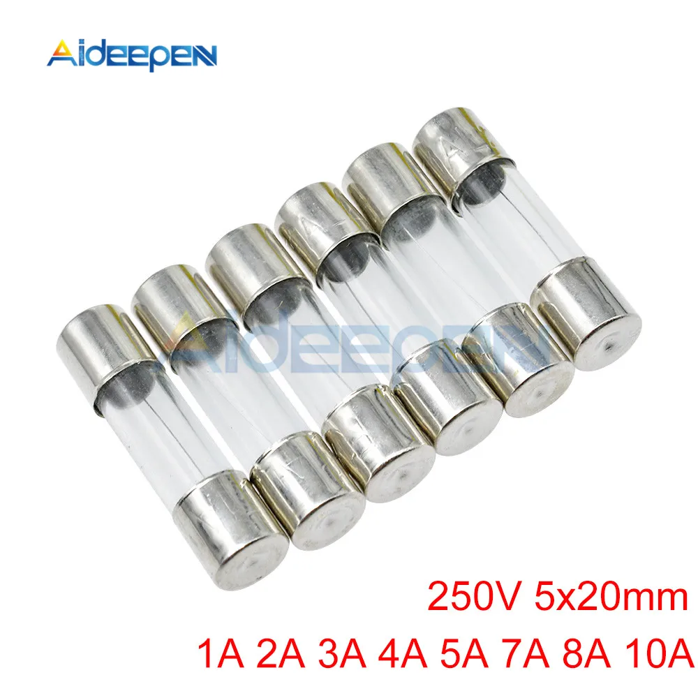 10 шт 250V 5x20mm быстро выдувные стеклянные трубки предохранители в ассортименте наборы быстро выдувные Стеклянные Предохранители 1A 2A 3A 4A 5A 7A 8A 10A