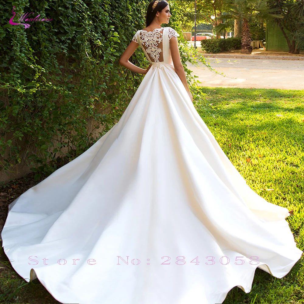 

Waulizane Scoop Neckline A Line Elagant Satin Skirt Wedding Dress Short Sleeve