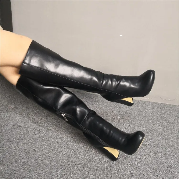D1602 Black Olomm/Новое поступление; женские зимние сапоги до колена; сапоги на высоком квадратном каблуке; элегантные черные сапоги в западном стиле с круглым носком; женские размеры США 5-15 - Цвет: D1602 Black