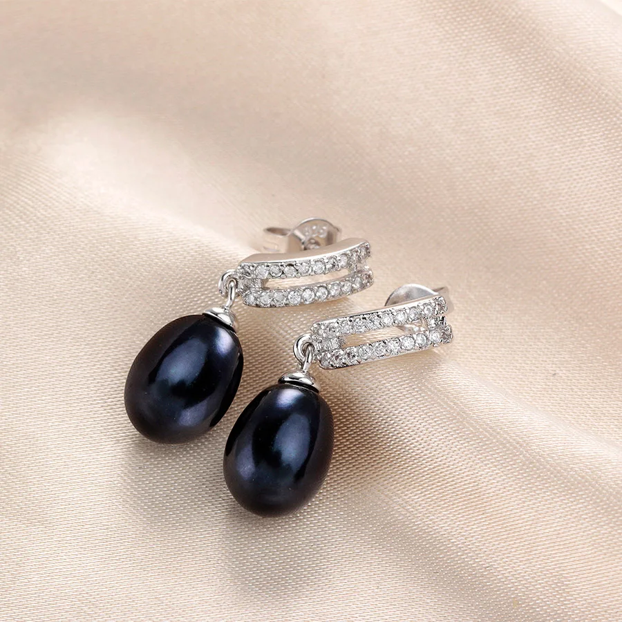 Luxury Fashion AAA Zircon Silver 925 Drop Earrings For Women Black Real Natural Freshwater Pearl Jewelry Wedding Earring | Украшения и