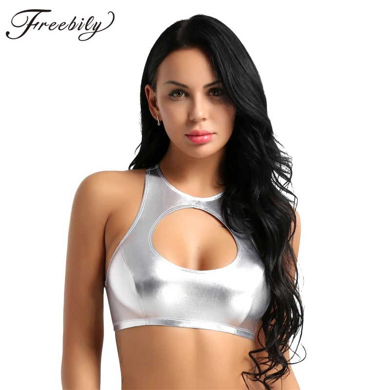 

Summer Women Shiny Faux Leather Sleeveless Cutout Crop Tank Top Nightclub Party Stage Outfit Rave Sexy Women Pole Dance Costume