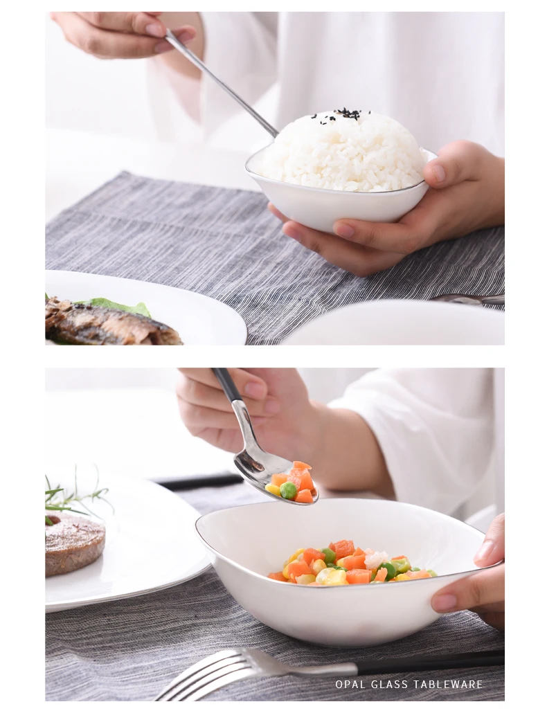 Golden Edge Square White Opal Glass Porcelain Deep Plates Dishes Tableware Steak Salad Bowl Breakfast Dish Plate