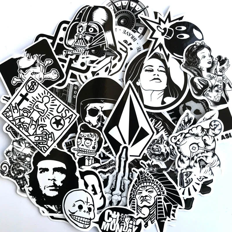 100pcs Black and White Random Stickers Graffiti Funny Sticker for Laptop Suitcase Skateboard Moto Bicycle Car Kid's Toy | Игрушки и