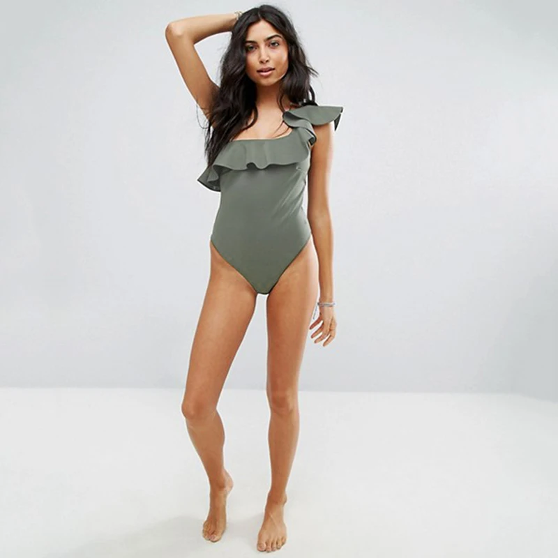 2019 Mujer Biquinis Купальник на одно плечо рюшами Однотонный женский купальник Мягкий