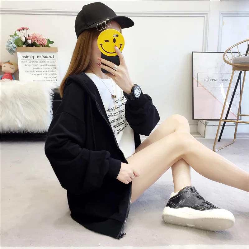 Женские толстовки Harajuku Ulzzang, милые женские пуловеры на молнии, корейский стиль, длинный рукав, с капюшоном, женские свитшоты