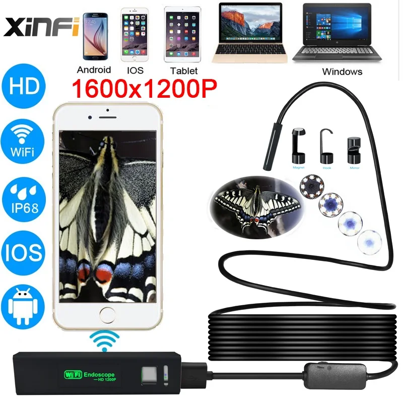 XIFICAM Wifi мм эндоскоп 8 1200 P HD для Android iOS iphone мягкий кабель провод труба камера Змея