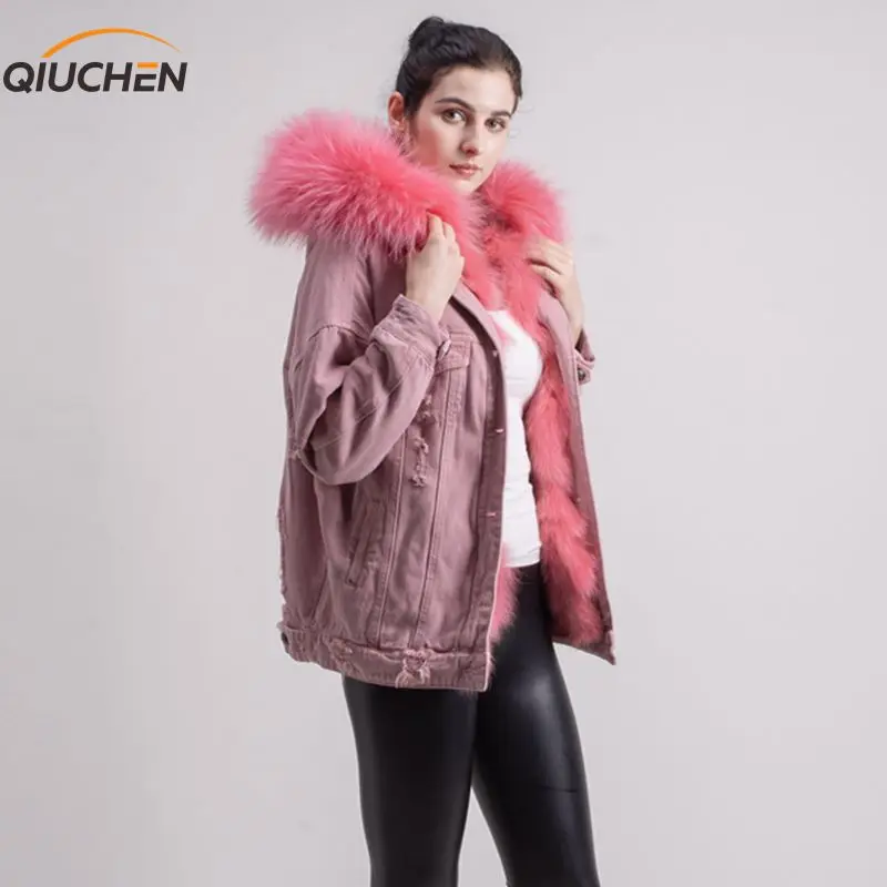 QIUCHEN PJ5053 1 настоящая отделка лисьим мехом Куртка из денима джинсы розовое пальто с