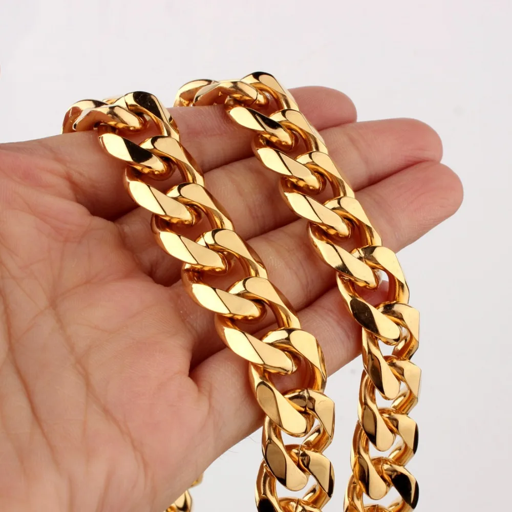 

High Quality Width 12/15mm Stainless Steel Gold Cuban Chain Waterproof Men Curb Link Necklace 7-40" Various Sizes