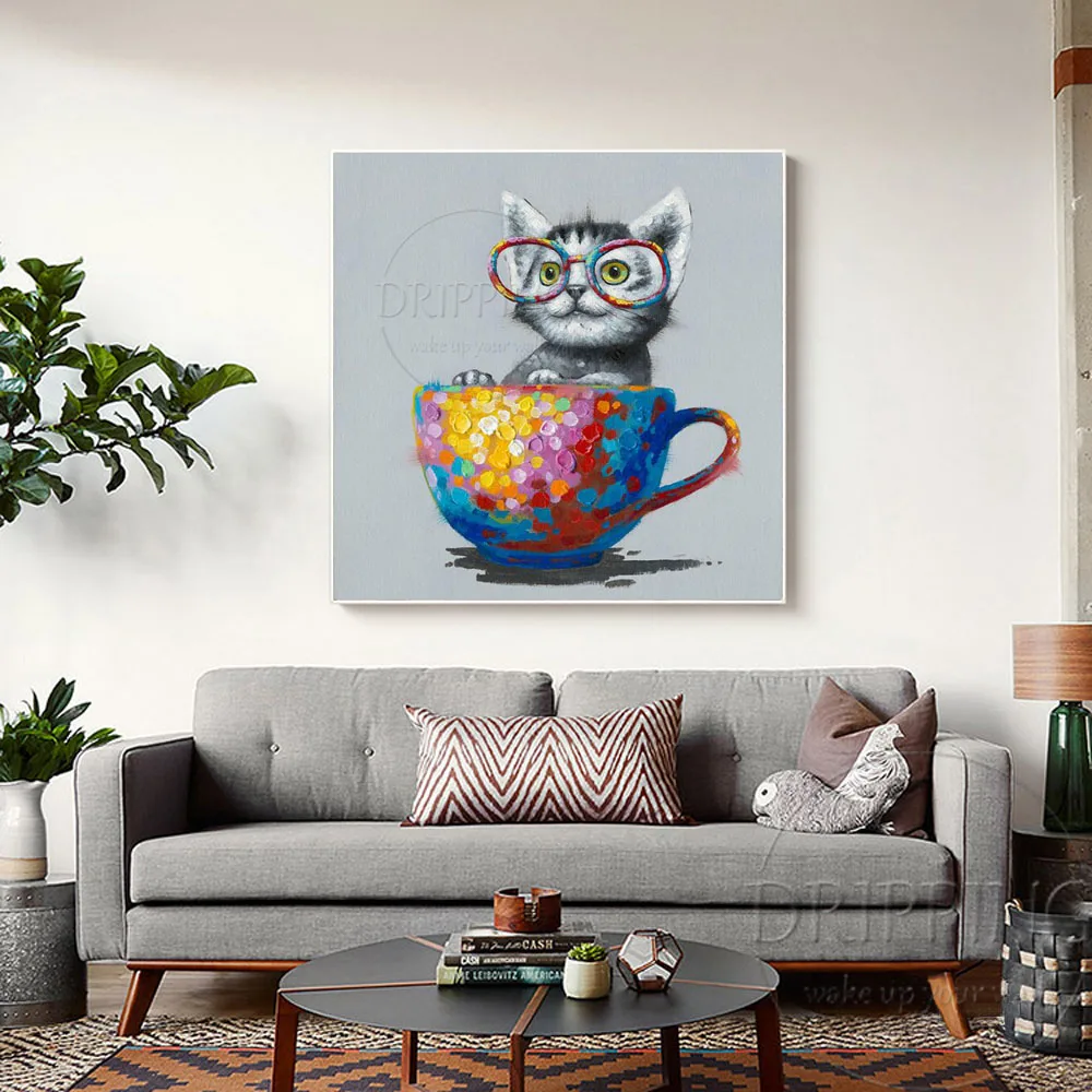Забавный дизайн маленькая чашка с животными живопись маслом Кот художник ручная