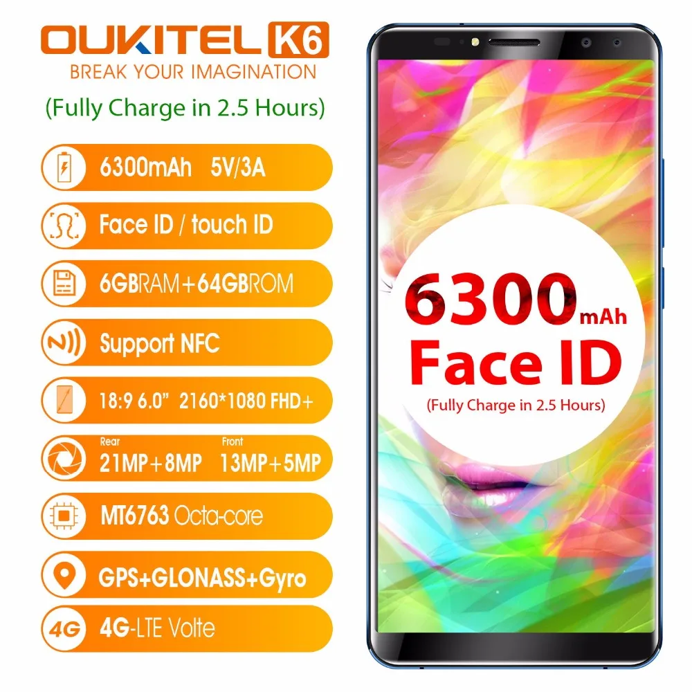 Oukitel K6 смартфон с 6 дюймовым дисплеем восьмиядерным процессором MT6763 ОЗУ ГБ ПЗУ 64 21