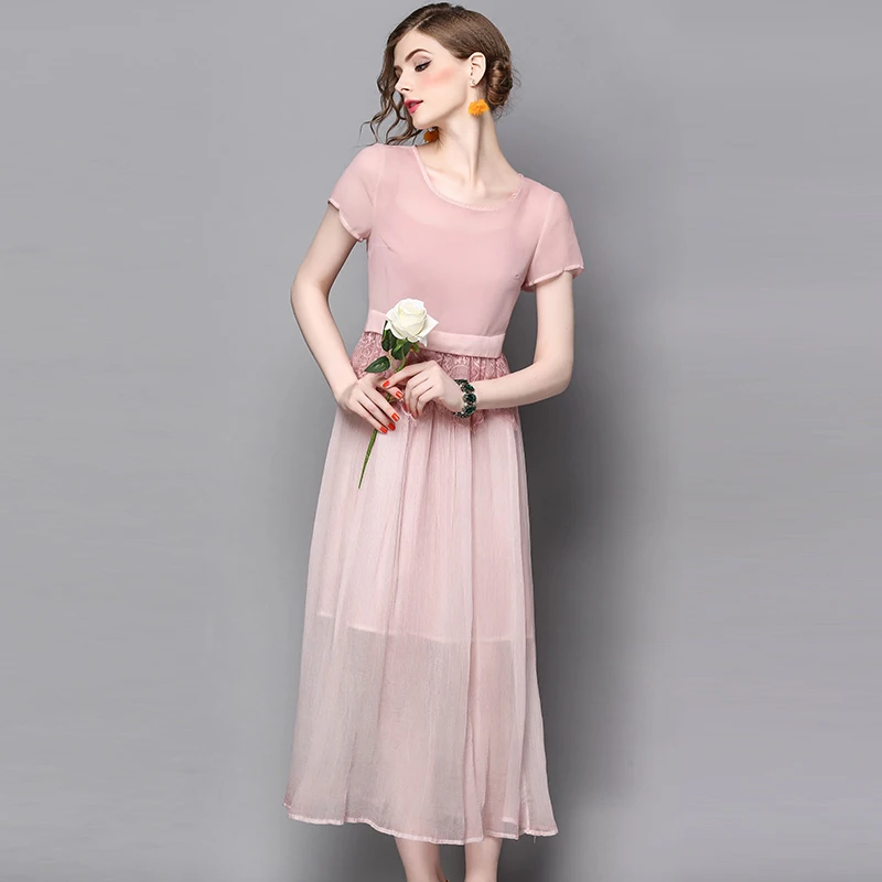 Весна осень взлетно посадочной полосы дизайнер женщины платья розовый шелк