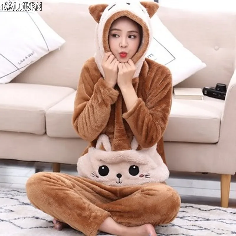

Free shipping TOP winter plus size women sleepwear female Pajama Sets xs-4xl flange animals thick coral fleece with hooded