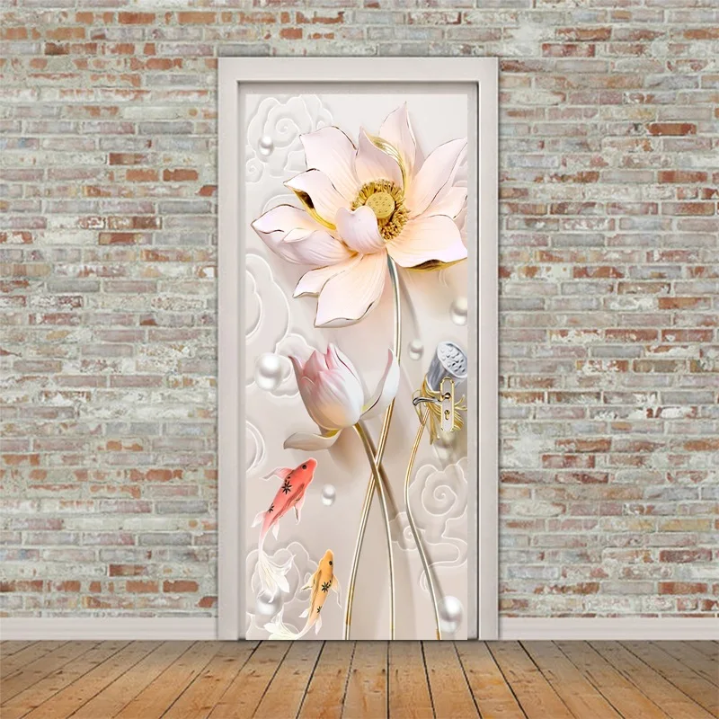 Уникальные Наклейки для дверей с изображением растений наклейки лотоса кои